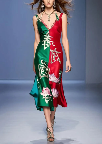 New Retro Colorblock V Neck Patchwork Silk Mini Dress Summer