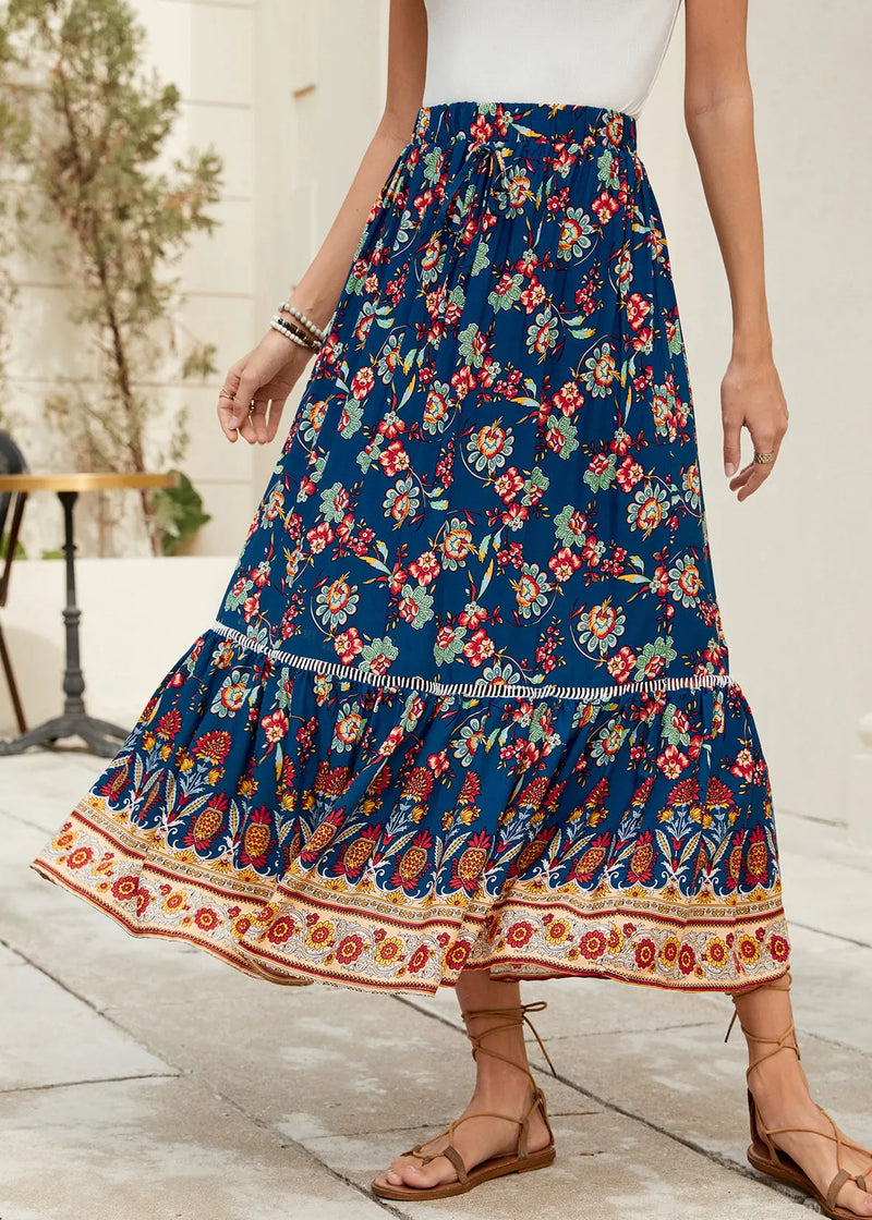 Navy Print Elastic Waist Cotton Skirt Summer
