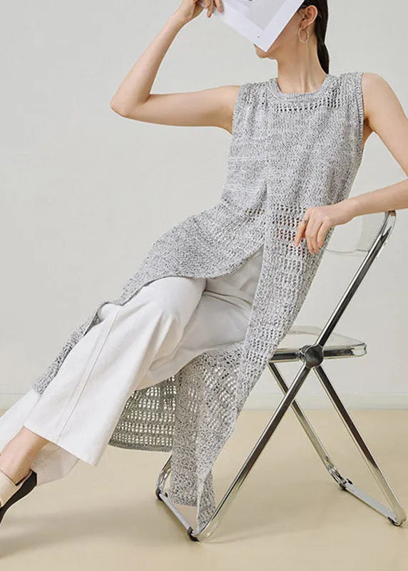 Grey O-neck Hollow Out Long Knit Cardigans Sleeveless