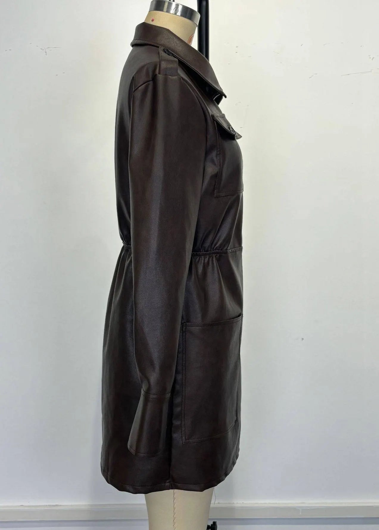Coffee Peter Pan Collar Zippered Patchwork Faux Leather Mid Dress Spring