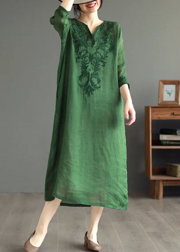 Boutique Green Embroidered Patchwork Linen Dresses Bracelet Sleeve