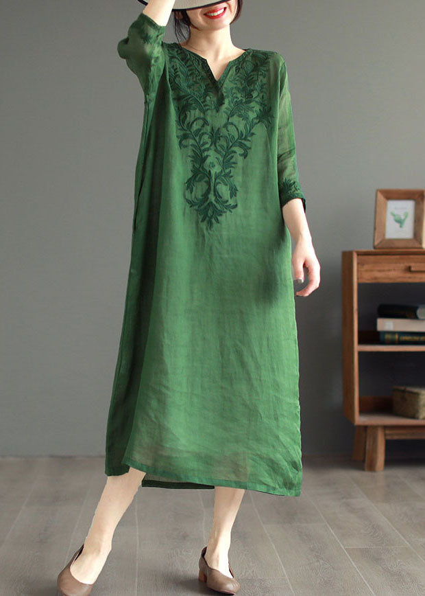 Boutique Green Embroidered Patchwork Linen Dresses Bracelet Sleeve