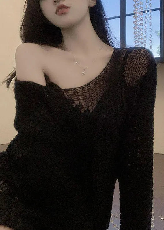 Black Cozy Knit Spring Sweater Hollow Out
