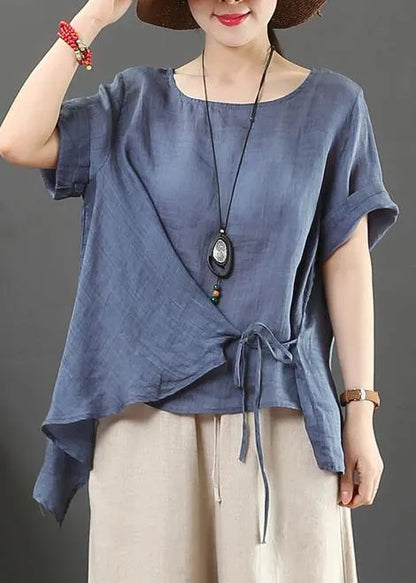 Italian O Neck Asymmetric Cotton Linen Clothes Pink Silhouette Blouses