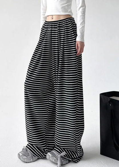 Black White Striped Elastic Waist Wide Leg Pants Spring