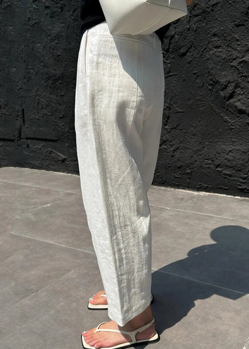 White Patchwork Pockets High Waist Linen Crop Pants Summer