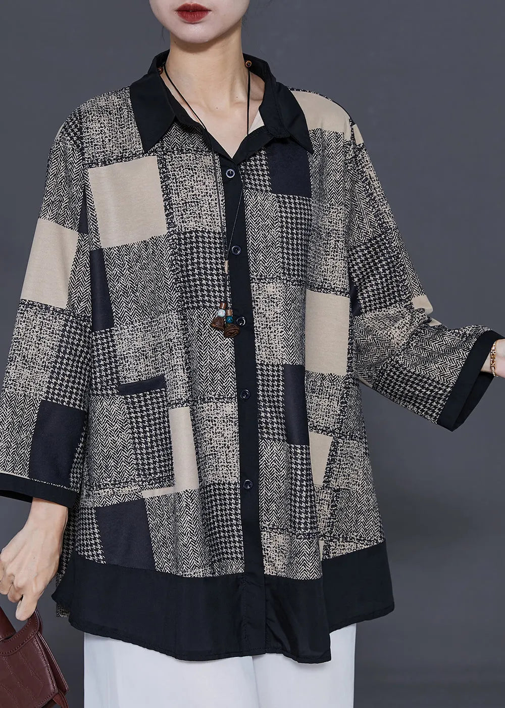 Khaki Plaid Patchwork Chiffon Shirts Spring