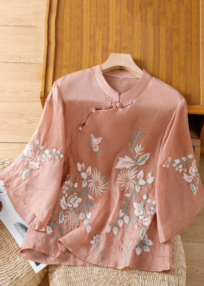 Chinese Style Apricot Embroidered Button Shirt Spring