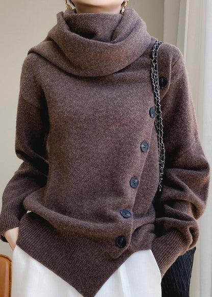Coffee Scarf Collar Button Patchwork Wool Sweaters Spring