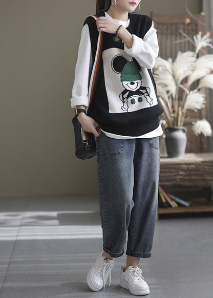 Black O-neck Animal Knit Vest Sleeveless