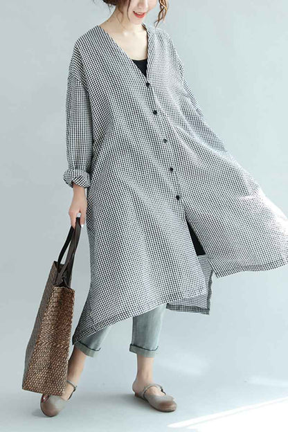 Spring Linen Plaid Loose Long Shirt Dress