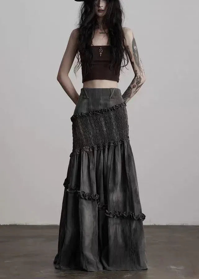 French Grey Ruffled Patchwork Cotton Wraped Skirts Spring