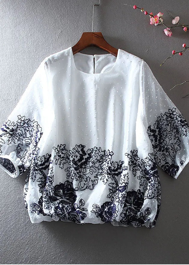 Handmade White Embroidered Chiffon Shirts Spring