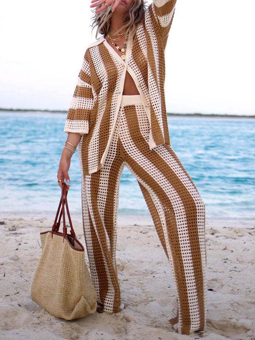 Loose V-neck Hollow Out Striped Shirt Wide Leg Pants Set