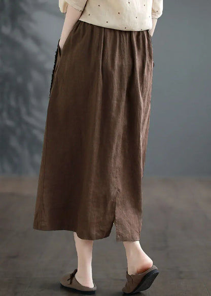 Coffee Ruffled Pockets Patchwork Linen Skirts Summer