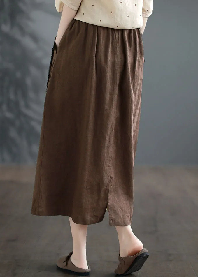 Coffee Ruffled Pockets Patchwork Linen Skirts Summer