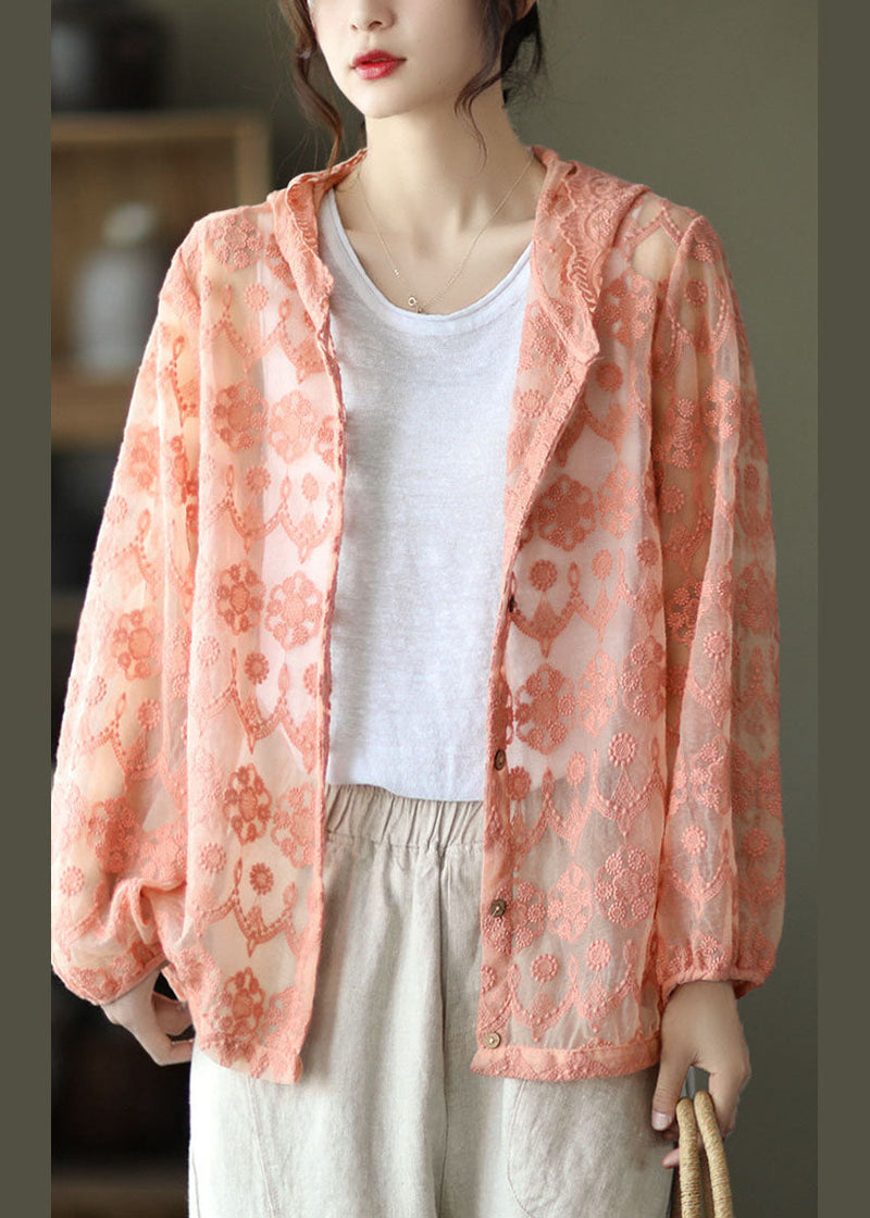 Loose Pink Embroideried Patchwork Lace Cardigans Long Sleeve