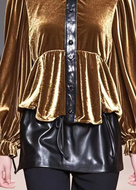 Golden O-neck Patchwork Silk Velour Tops Fall