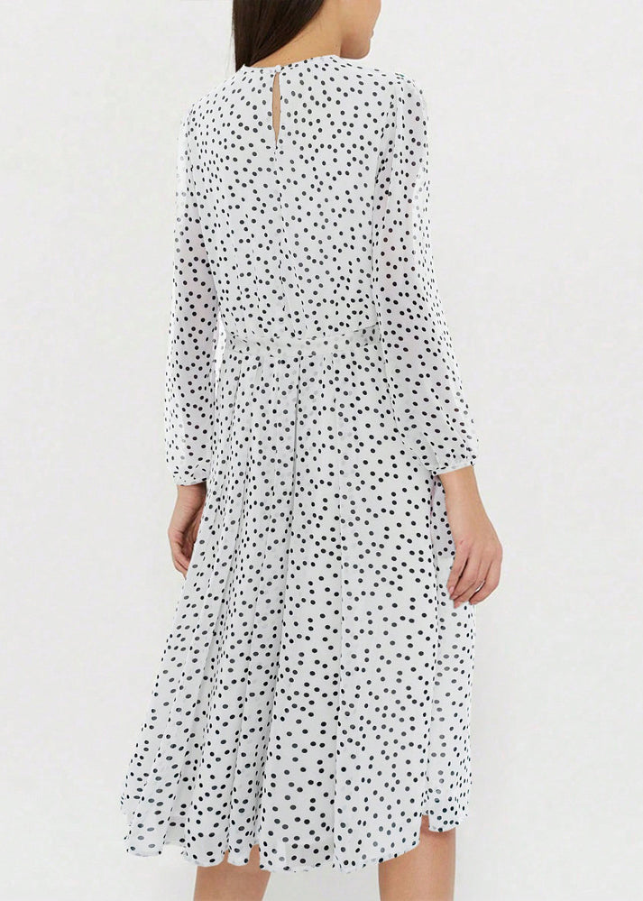New White O Neck Dot Print Chiffon Dresses Long Sleeve