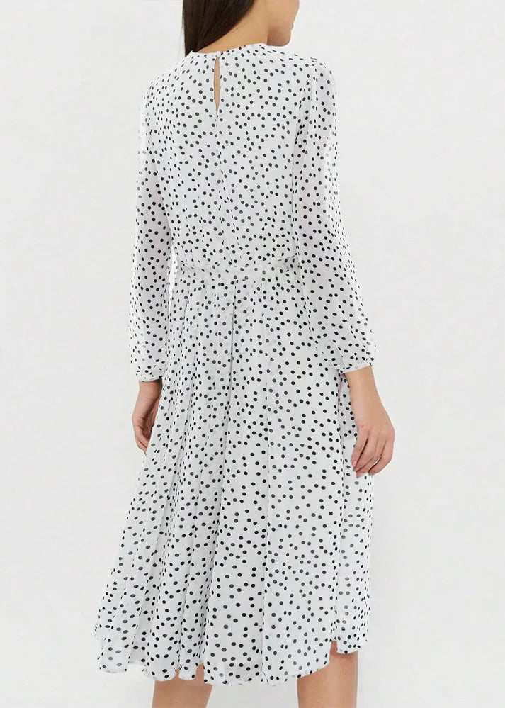 New White O Neck Dot Print Chiffon Dresses Long Sleeve