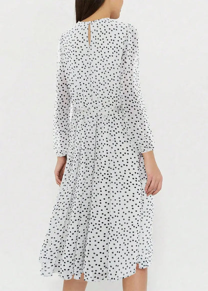 New White O Neck Dot Print Chiffon Dresses Long Sleeve