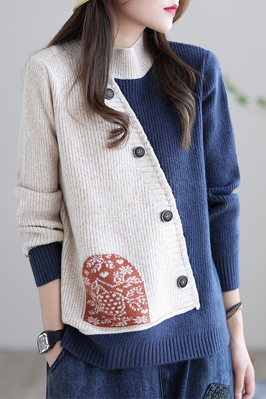 -retro Loose Sweater Turtleneck Stitching Sweater