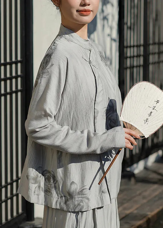Chinese Style Grey Stand Collar Print Oriental Button Cotton Shirts Spring