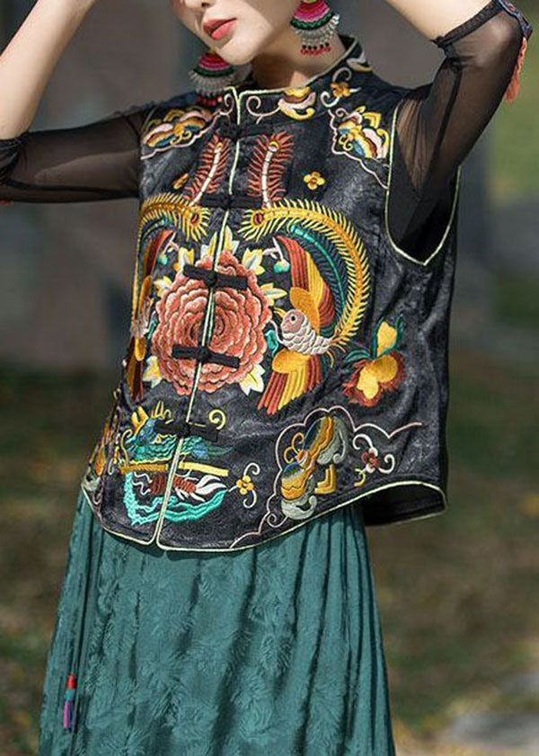 Black Stand Collar Embroidered Patchwork Silk Vest Sleeveless