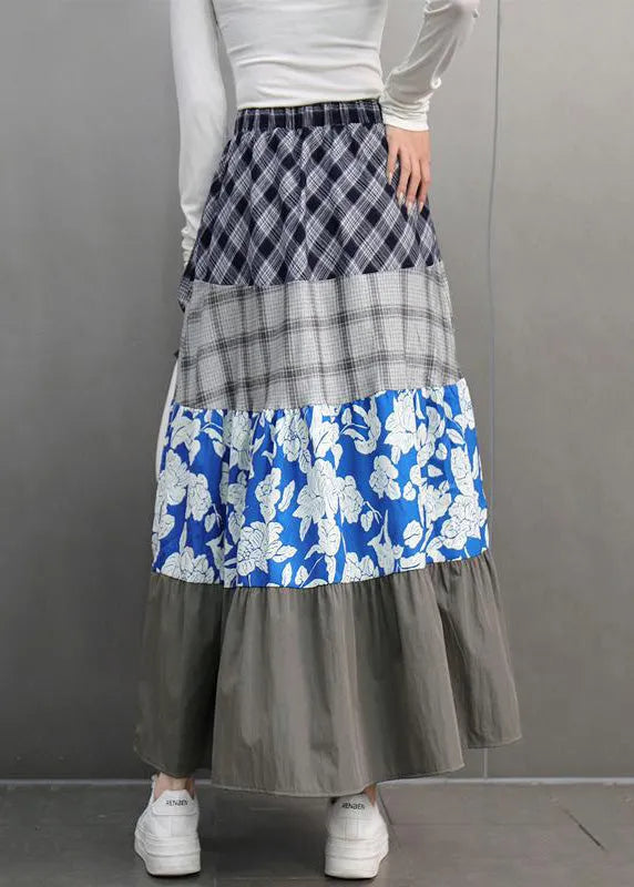 Colorblock Print Plaid Elastic Waist Maxi Skirts Spring