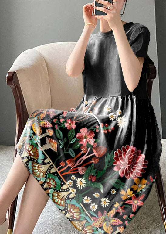Brief Beige O-neck Patchwork Linen Dress Short Sleeve
