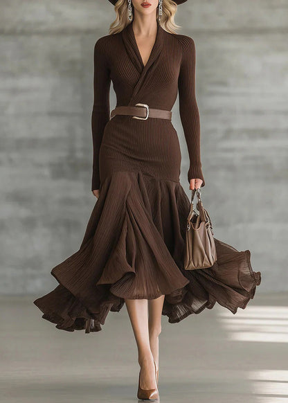 Unique Chocolate V Neck Ruffled Patchwork Cotton Dress Fall