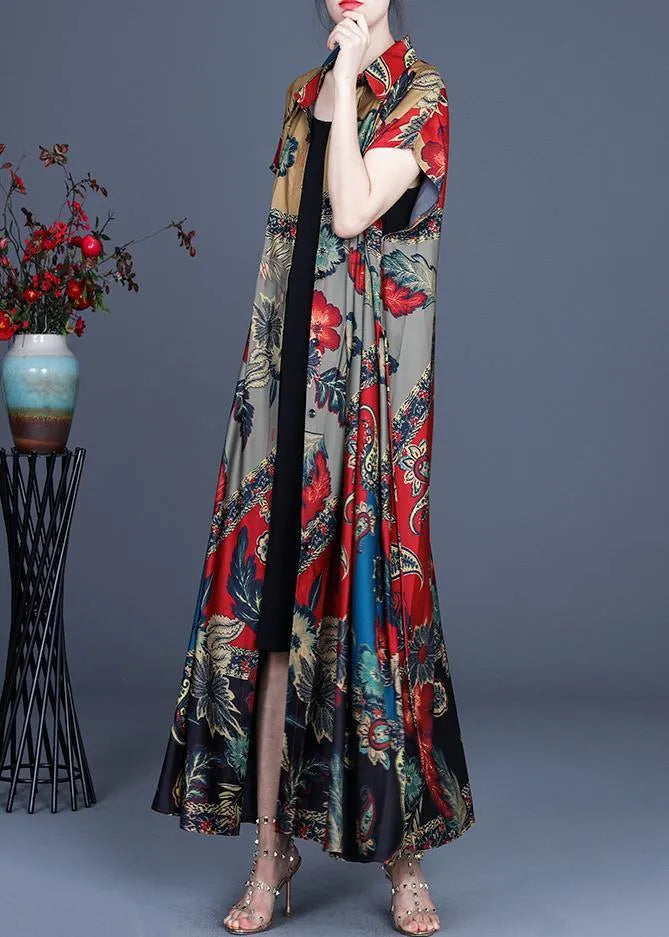 Stylish Red Grey Print Summer Peter Pan Collar Cardigan Long