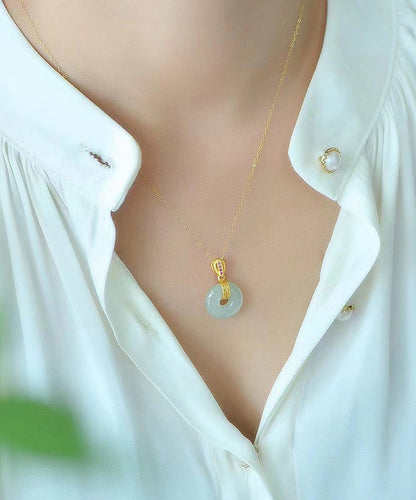 Gold Stainless Steel Alloy Jade Zircon Pendant Necklace