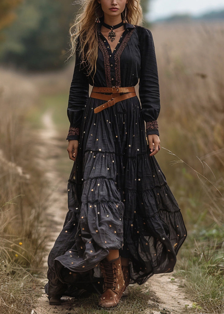 Black Wrinkled Patchwork Cotton Long Dresses Fall
