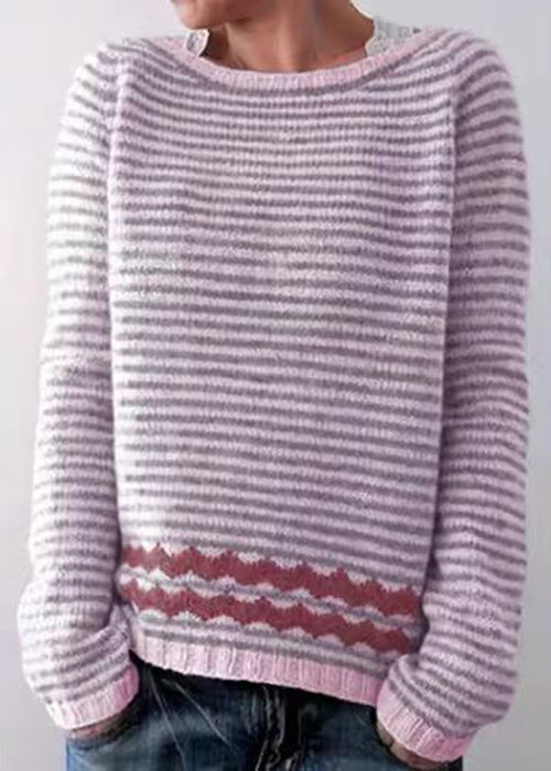 Grey Striped O Neck Cozy Knit Sweaters Fall