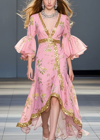 Pink Print Chiffon Maxi Dresses Asymmetrical Flare Sleeve