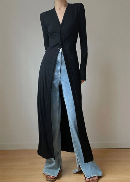 Slim Fit Black V Neck Button Knit Long Cardigans Fall