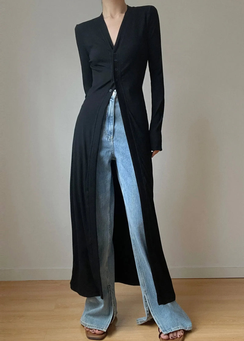 Slim Fit Black V Neck Button Knit Long Cardigans Fall