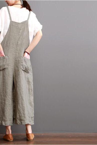 Cotton Linen Sen Department Causel Loose Overalls Big Pocket Maxi Size Trousers Outfits
