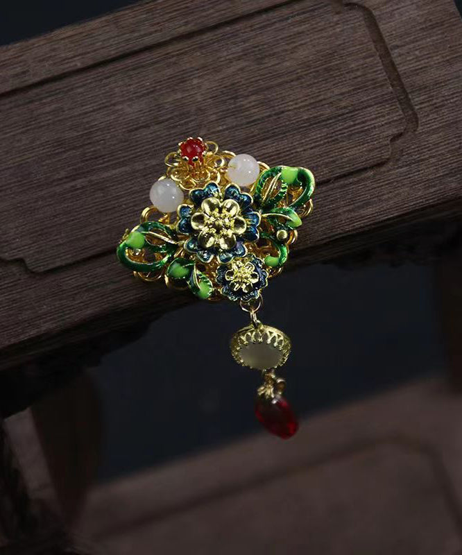 Green Alloy Cloisonne Gem Stone Brooches