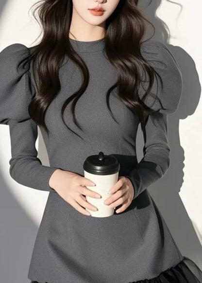 Grey O-neck Patchwork Mid Dress Puff Sleeve