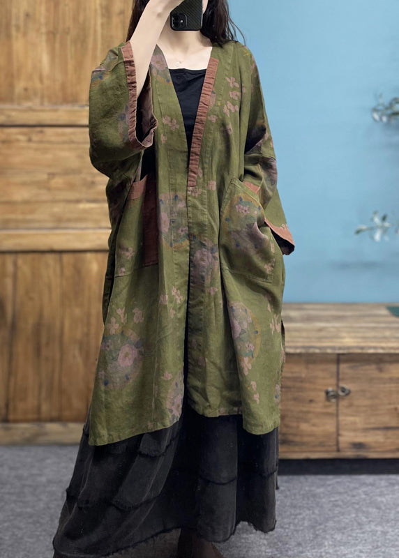 Green V Neck Print Linen Cardigans Spring