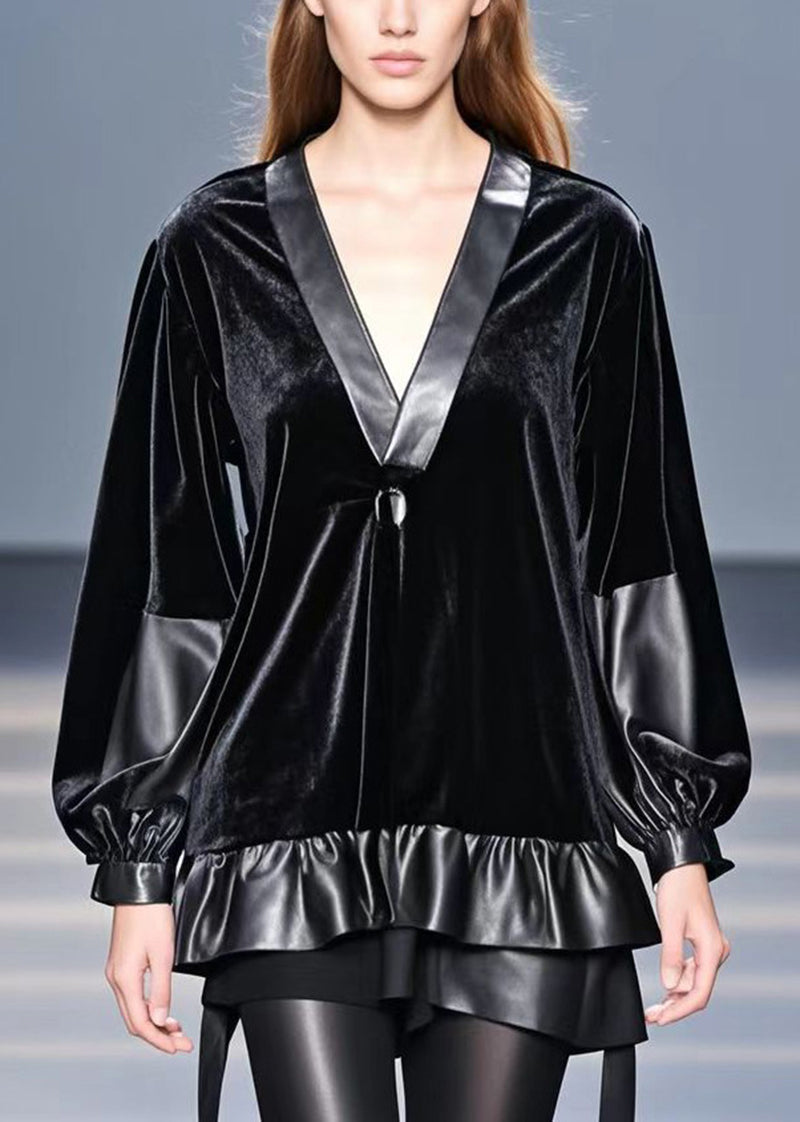 Black Oversized Patchwork Silk Velour Top Fall
