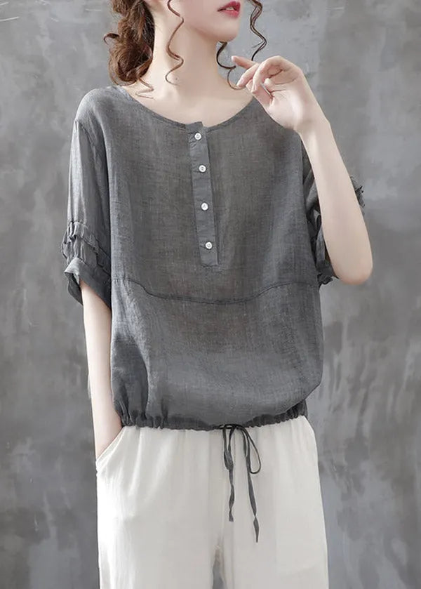 Grey O-neck Button Drawstring Patchwork Linen Shirt Tops Short Sleeve