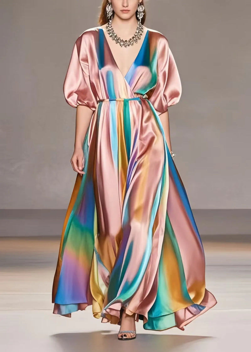 Style Rubber Red V Neck Tie Dye Silk Maxi Dresses Summer