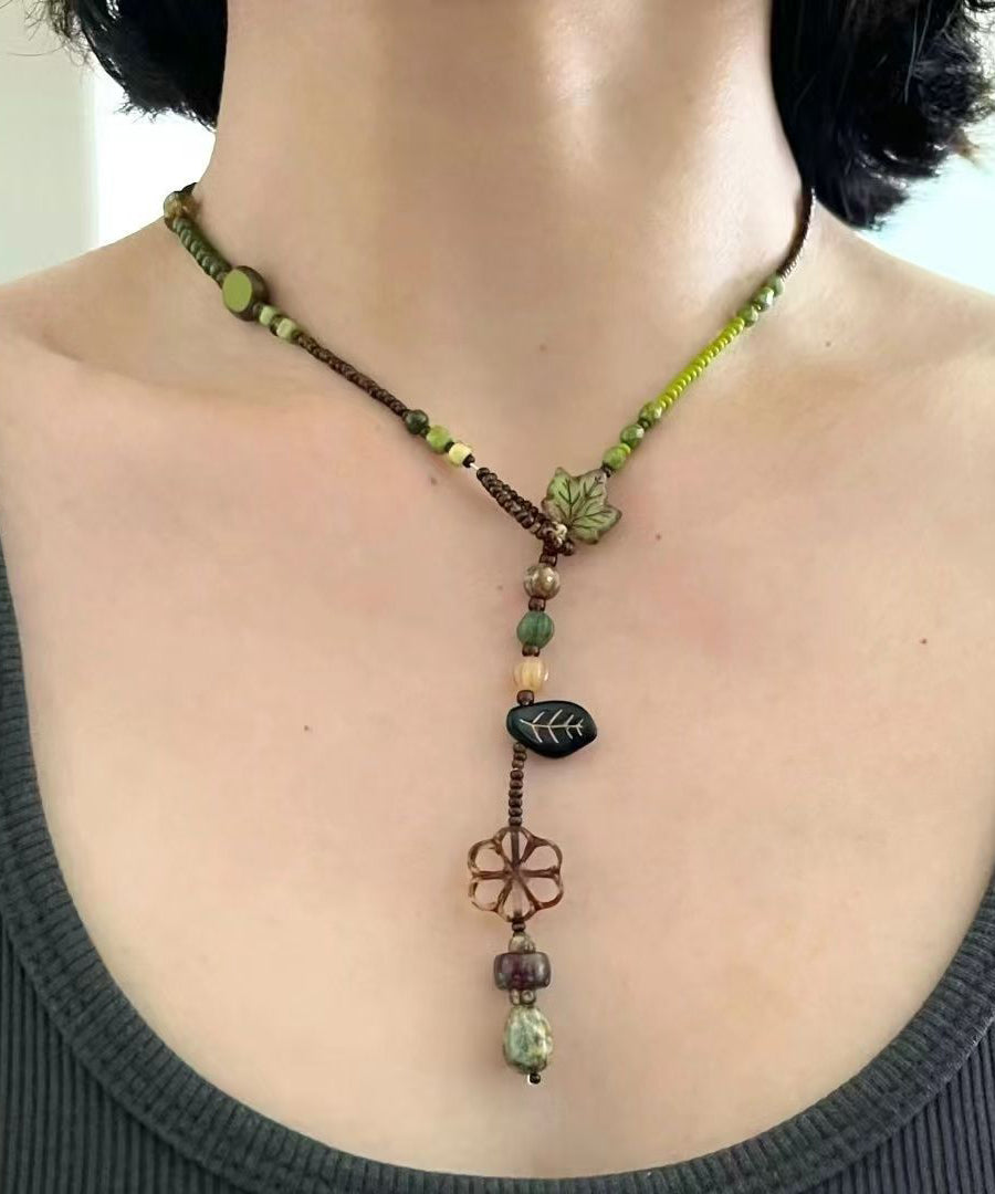 Green Hand Woven Beading Lariat Necklace