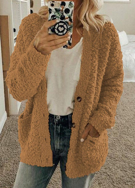 Red Pockets Button Woolen Loose Coat Fall