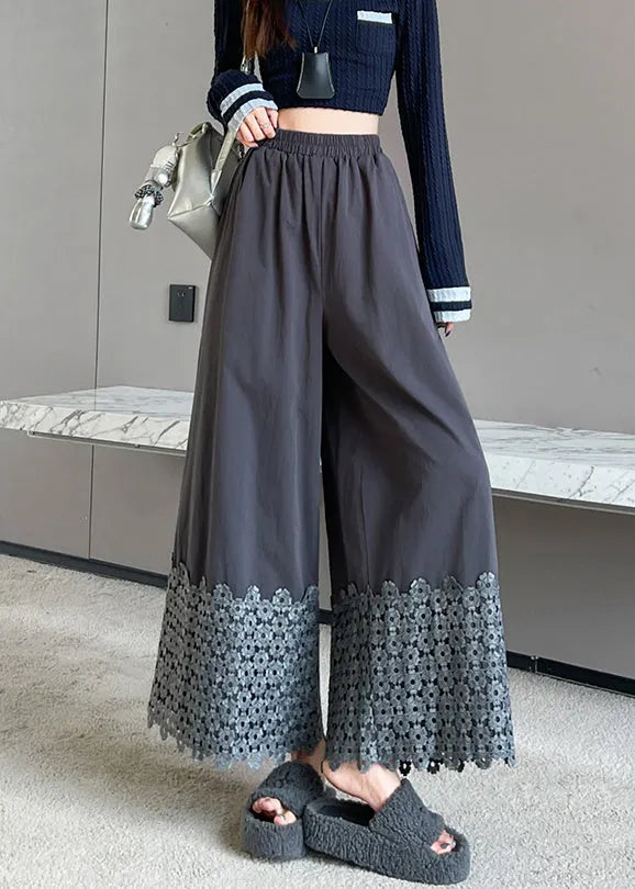 Grey Patchwork Cotton Wide Leg Pants Fall