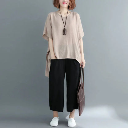 New Khaki Midi-length Cotton Linen T Shirt Loose Fitting Cardigans Short Sleeve O Neck Linen Blouses