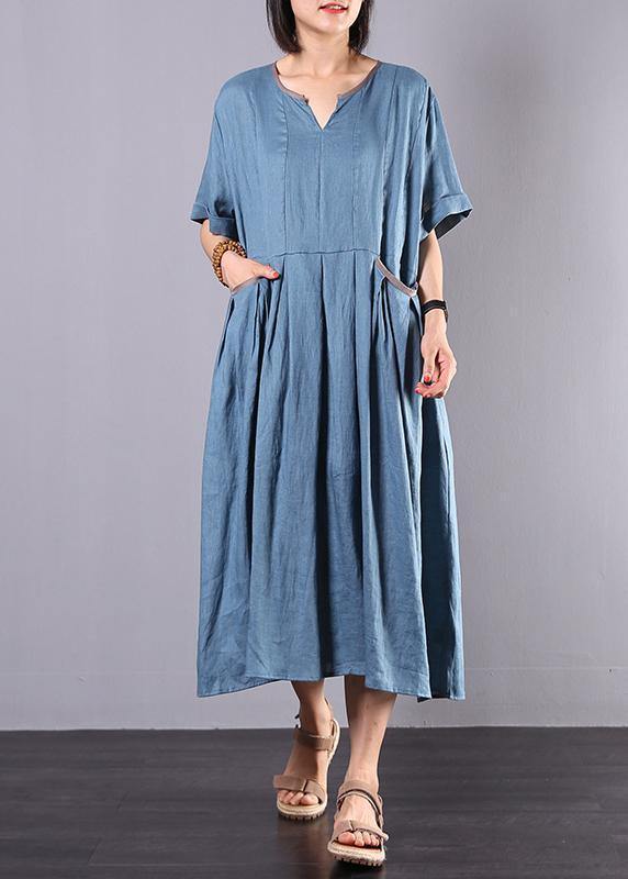French Blue Linen Clothes for Big Hem a Line Summer Dress